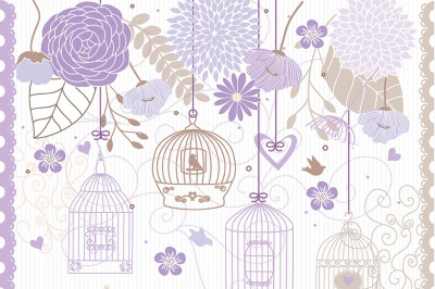 Vector wedding purple cliparts, cage, bird, flower, floral