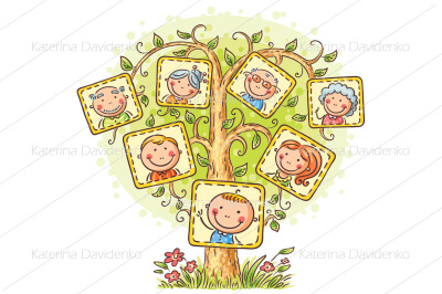 Family tree in pictures, little child with his parents and grandparent