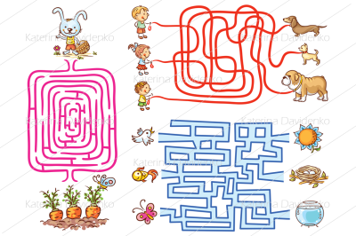 Labirinth games set for preschoolers: find the way or match elements