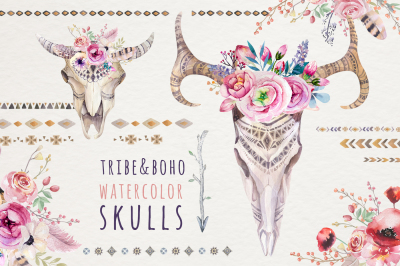 Watercolor boho skulls