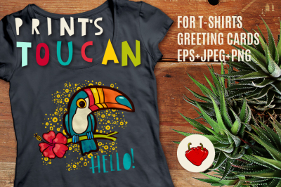 Tropical toucan prints on a t-shirt.