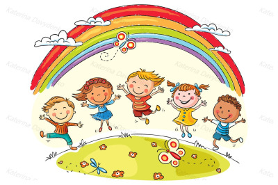 Kids with rainbow and kids isolated