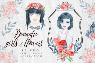 Romantic girls &amp; flowers Love clipart