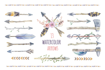 Watercolor boho arrows & bouquets. Wedding Clip art collection. Individual PNG files. Hand Painted rustic DIY.