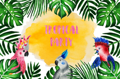 Tropical Party. Watercolor parrots