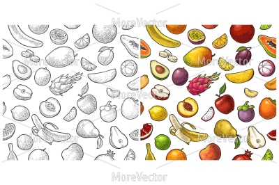 Seamless pattern fruits. Engraving  