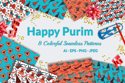 Happy Purim - 8 Colorful Patterns