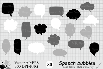 Speech Bubbles Clipart / Chat Bubbles / Black, White, Gray - Vector