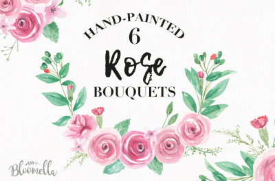 Pink Roses Bouquets Flowers Floral Berries Leaves Watercolor