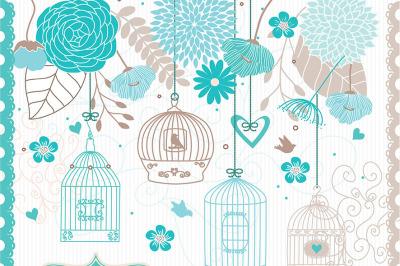 Bird cage flower clipart, flower clipart, wedding clipart, wedding invitation, Hand Drawn Mason Jars, teal, beige