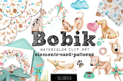 Bobik - Funny Doggies Clip Art. Watercolor collection
