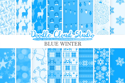Blue Winter digital paper, Christmas Holiday patterns