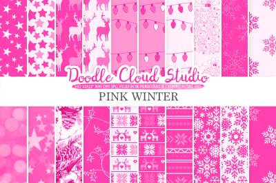 Pink Winter digital paper, Christmas Holiday patterns