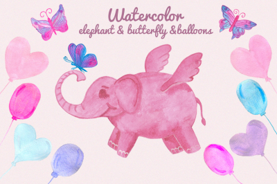 Watercolor elephant, butterflies, balloons