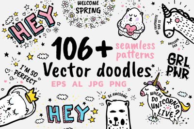 106+ vector doodles, seamless patterns +FREE