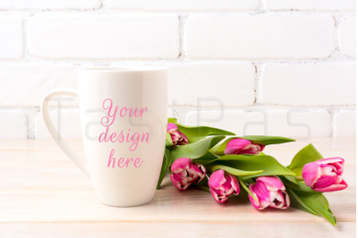 White coffee latte mug mockup with bright pink tulips bouquet