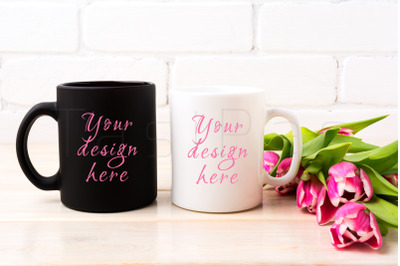 White and black mug mockup with rich magenta pink tulips bouquet