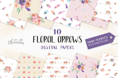 Floral Arrow Boho Patterns Seamless Digital Papers Watercolor Flowers