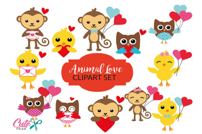 Animal Love Clipart, clip art set of animals with hearts, love letters