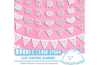 18 White Lace Burlap Bunting Banners Cliparts