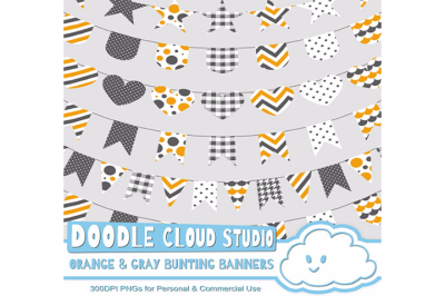 Orange & Gray Patterns Bunting Banners Cliparts Pack, pattered flags