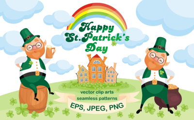 Happy st.Patricks Day. Vector clip arts and seamless patterns.