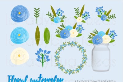 Floral watercolor clip art,  blue and white