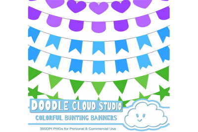 Colorful Bunting Banners Cliparts, Colorful Purple, Blue, Green Flags