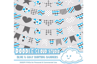 Blue & Gray Patterns Bunting Banners Cliparts Pack, pattered flags