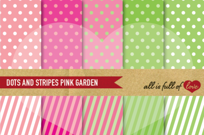 Dots and stripes digital background patterns in pink and green