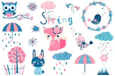 Spring clipart set, Cute animal clip art, owl, fox, bunny, bird, cloud