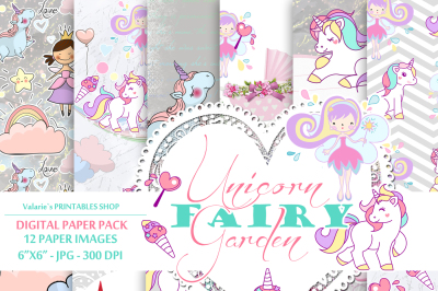 Unicorn Rainbow Fairy Digital Paper Baby Girl Pink Blue Grey Princess