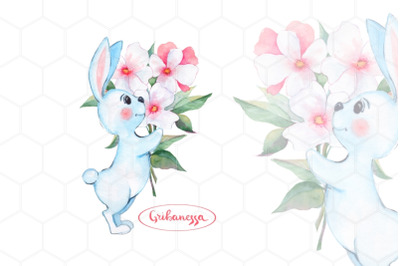 Bunny and bouquet. Cute rabbit