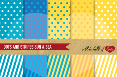 Dots and stripes digital background patterns in Yellow and Blue