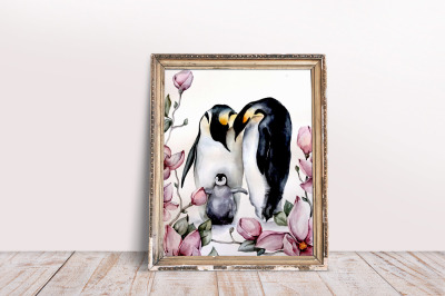 Watercolor penguin family