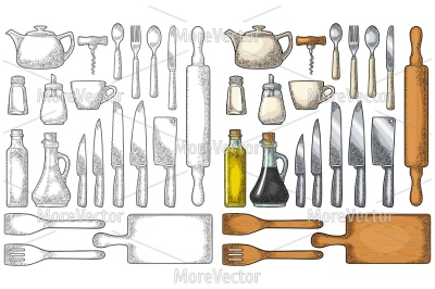 Set kitchen utensils. engraving 