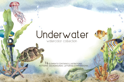 Underwater. Watercolor clip art