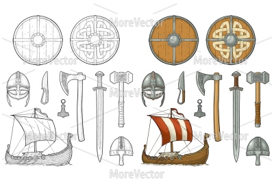 Set viking. Knife, drakkar, axe, helmet, sword, hammer, thor amulet wi