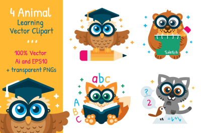 4 Animal Learning Vector Clipart