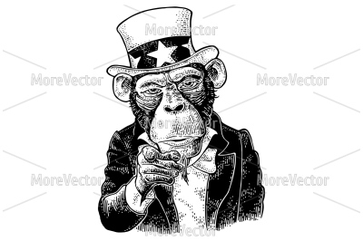 Monkey Uncle Sam with pointing finger at viewer. Engraving 