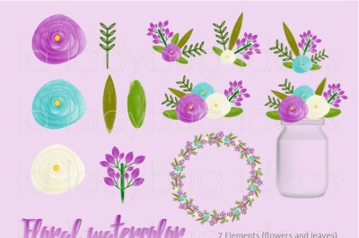 Floral watercolor clip art,  purple and turquoise