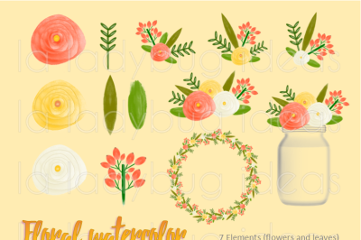 Floral watercolor clip art,  orange and yellow