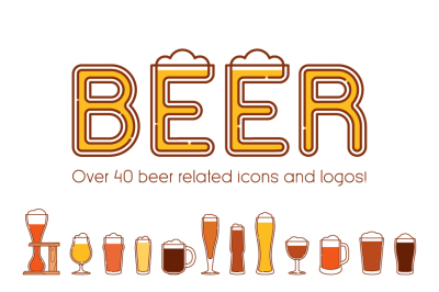 Beers, glasses and logos - Line and color filled icons