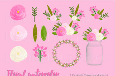 Floral watercolor clip art,  pink and white