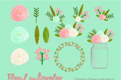 Floral watercolor clip art,  coral and mint