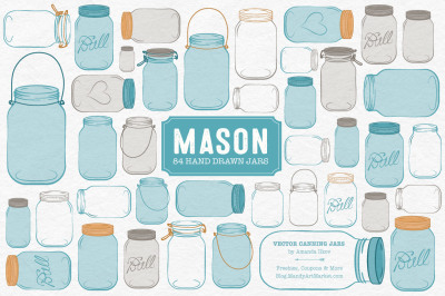 Vector Mason Jars Clipart in Vintage Blue