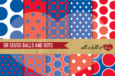 Dr Seuss Backgrounds Balls and Dots Digital Paper Red Navy Blue