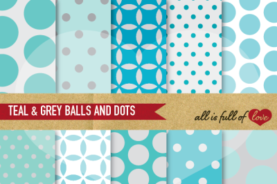 Grey Teal Backgrounds Balls and Dots Wedding Digital Paper