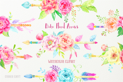 Watercolor Clipart Boho Floral Arrows