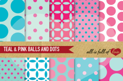 Pink Teal Blue Backgrounds Balls and Dots Mother's Day Digital Paper